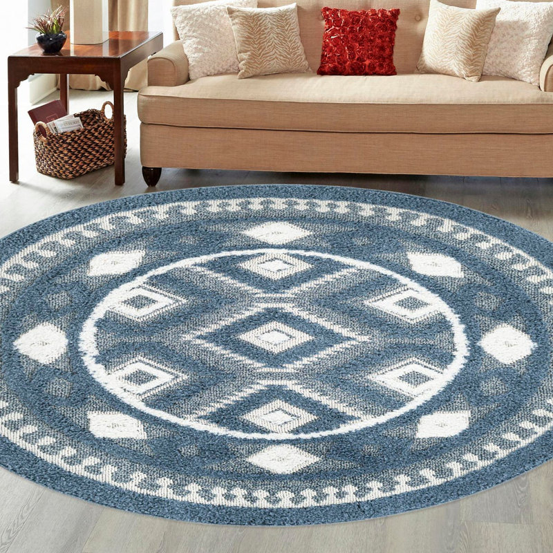 Tapis bleu en polyester tissé à la machine Josylin, Rond 5 pi 3 po