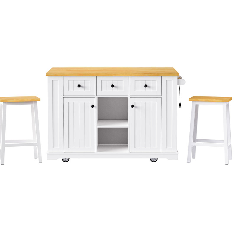 Grand îlot de cuisine avec 2 tabourets de bar, prise électrique, abattant, tablettes réglables, 5 roulettes latérales ouvertes, chargeur, porte avec étagères internes.
