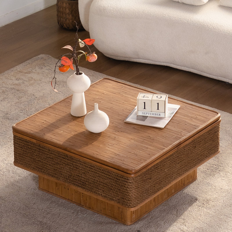 Table basse 31,52 "carrée en rotin + corde de chanvre avec fonction de rangement réglable, de style rétro naturel, pour la salle à manger, la cuisine et le salon, naturel