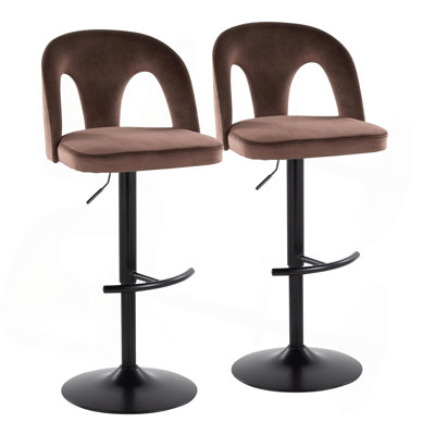 Tabouret de bar réglable en métal noir et velours avec repose-pieds arrondi en T - ensemble de 2