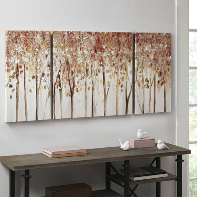 3 toiles murales - Forêt d'automne, accessoire d'intérieur de maison, textures peintes à la main, crochets, 27 po x 27 po et 13,5 po x 27 po, rouge brillant, toile, objet de décoration en gel, textures fabriquées à la main, centre 13,5 po x 27 po