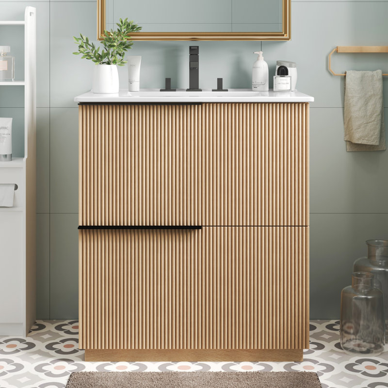 Meuble-lavabo de 30 po avec lavabo en céramique, tiroirs pleine extension et conception cannelée, Brun