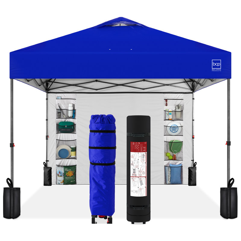 10X10ft Easy Setup Pop Up Canopy, Portable Tent W/ Side Wall, 1-Button Push, Case, Resort Blue