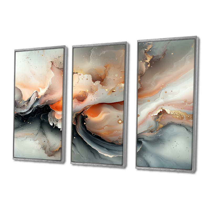 «Abstract Geode Grey Marble River Shape I», ensemble d'art mural mural en marbre, Toile argentée avec cadre flottant