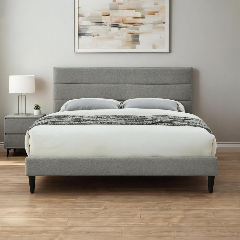Upholstered Channel Design Twin Size Bed Frame with Convenient USB Charging, Slate Gray Polyester Fabric