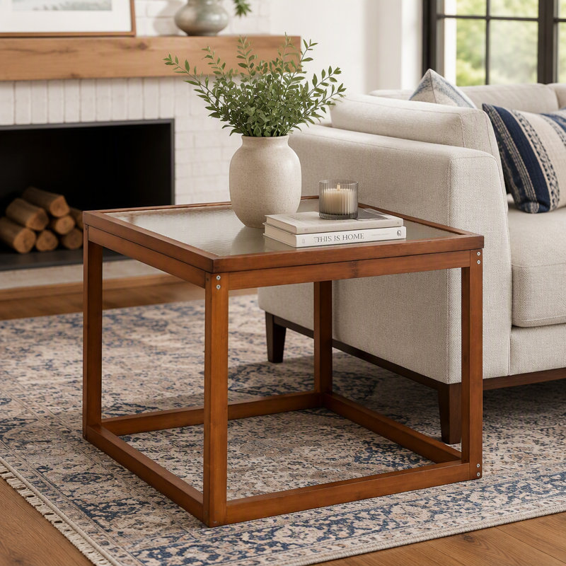 Petite table basse carrée, table basse en bambou véritable et verre cannelé pour le salon - table de salon moderne à base ouverte, décor d'appartement naturel pour les petits espaces