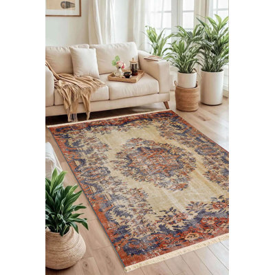 4' x 6' Machine Washable 100% Cotton Distressed Transitional Medallion Rust and Indigo Area Rug