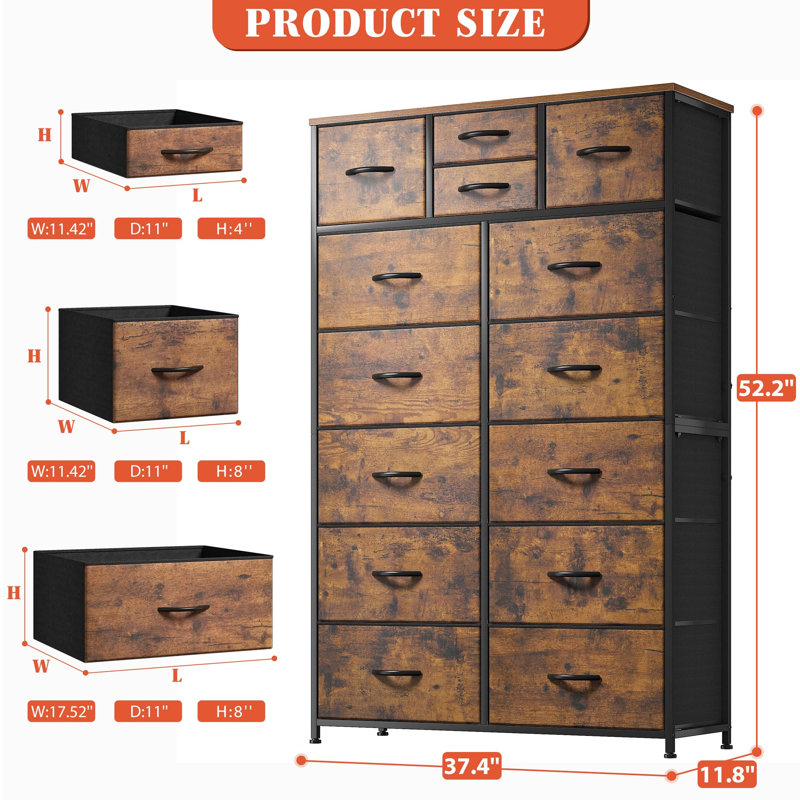 Commode 14 tiroirs Colleen, Brun rustique