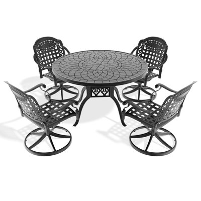 All-Weather 5 salle à manger avec table ronde de 47,24 po et 4 chaises pivotantes, aluminium, structure noire, coussins de siège résilients en fonte d'aluminium: 5 pièces, table
