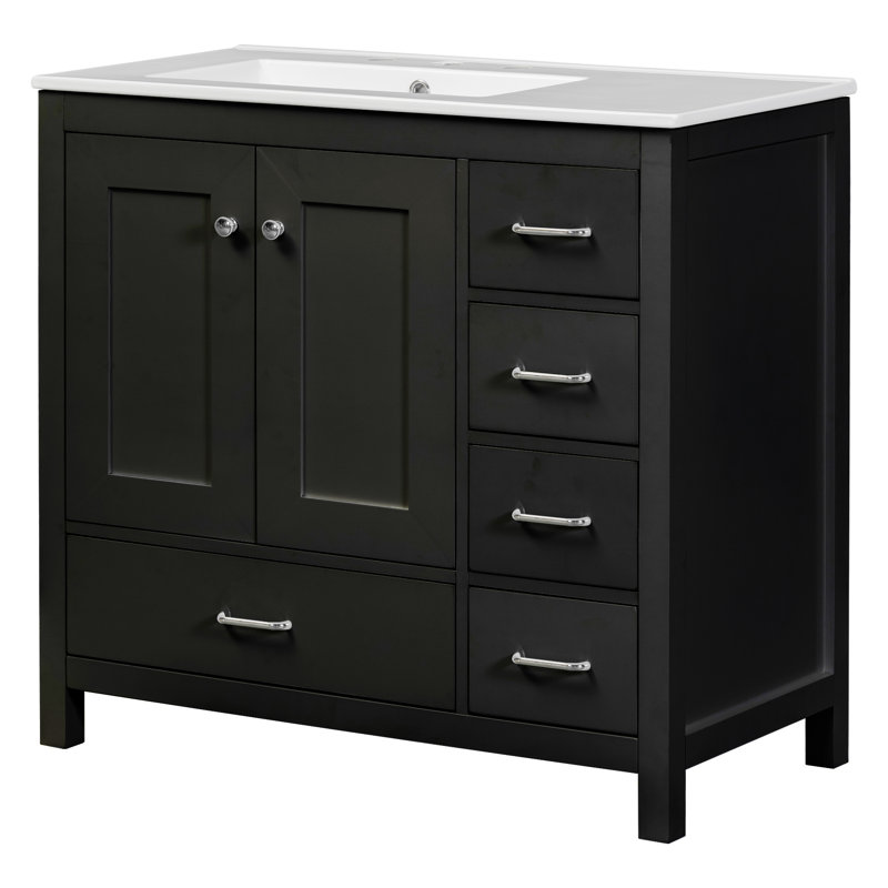 36" Bathroom Vanity Cabinet With Ceramic Top And 5 Drawers, Black
