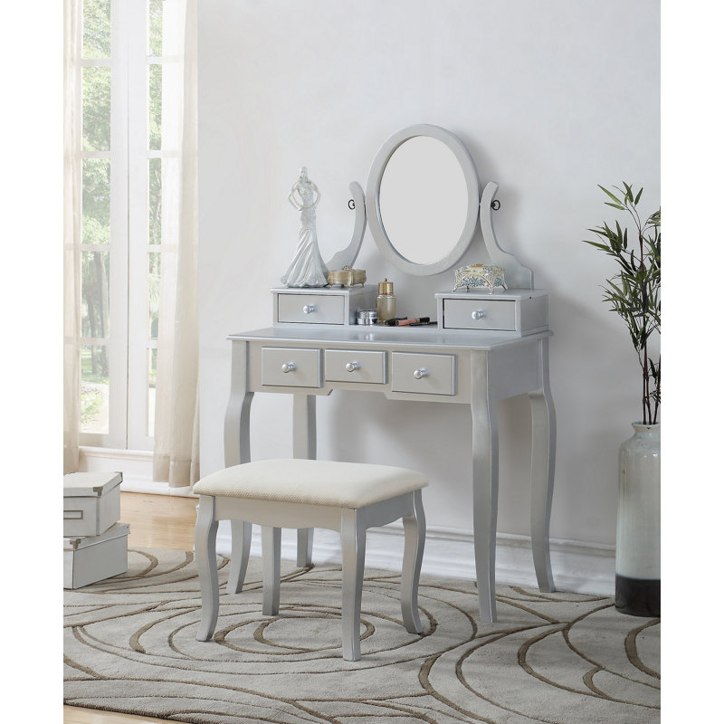 Ensemble coiffeuse et tabouret de maquillage Ashley, Argent