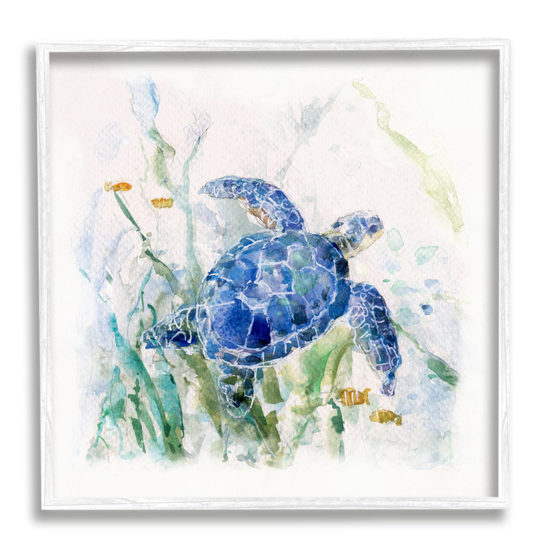«Pleasant Aquatic Blue Sea Turtle» nageant des plantes de l'océan par Sally Swatland - Peinture, H 24 po x l 24 po x P 1,5 po