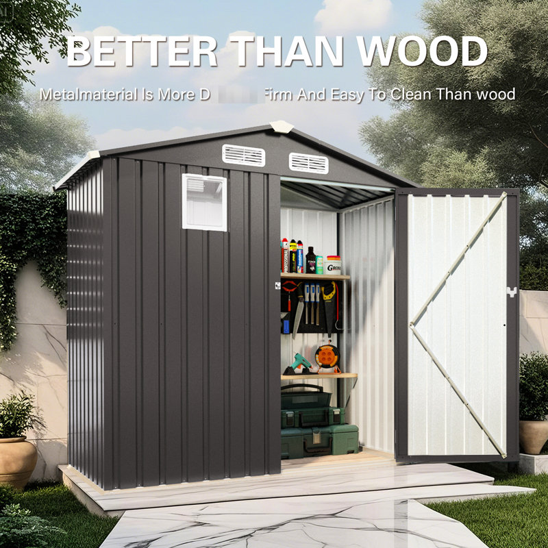 6x 3.5ft Metal Storage Shed With Peaked Roof And Skylight Window, Wind - Structure, Rust For Durability, Easy To Install By Outdoor In Gray, Ventilation Holes Lockable Door, Ideal Sundries Bike