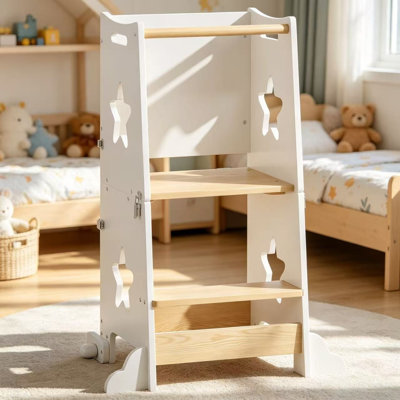 3-in-1 Toddler Kitchen Step Stool, Foldable Wooden Learning Standing Tower with Blackboard – Montessori Helper for Kids Ages 1-3, Gift for Boys & Girl