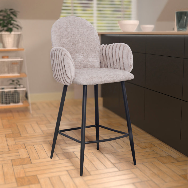 Modern Upholstered Bar Stool with Tufted Armrests and Metal Base- Brown, Beige