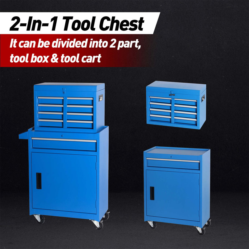 Coffre à outils durable à 5 tiroirs avec coffre supérieur amovible, roues verrouillables universelles et tablette réglable pour le garage et l'atelier