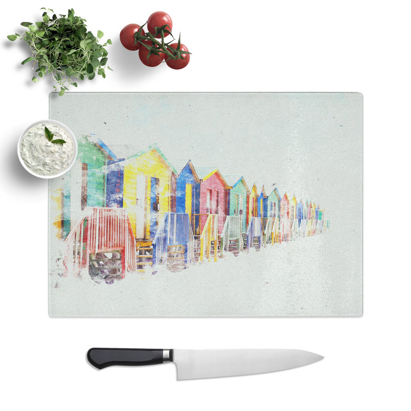 Tempered Glass Beach Huts in Cape Town Watercolour Chopping Board, 20 cm x 28.5 cm