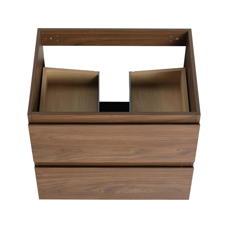 Meuble-lavabo de 24 po de couleur chêne brun, avec 45 poignées invisibles et glissières à extension lisse aux 2/3 tiroirs - Fonctionnel élégant avec 2 tiroirs, grain de bois, fonction à fermeture en douceur idéale