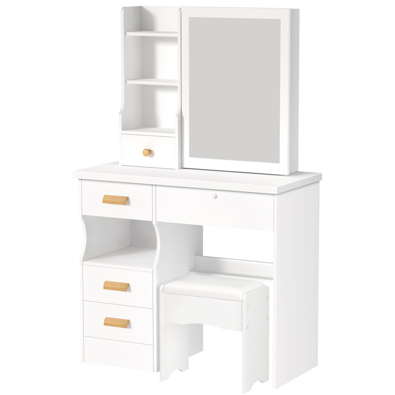 Bureau de coiffeuse avec miroir coulissant, coiffeuse de chambre à coucher, table de maquillage avec 5 tiroirs et tablettes, espace de rangement caché
