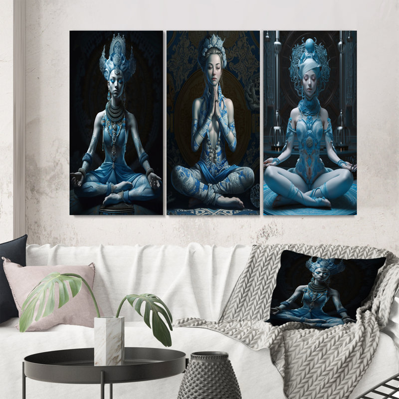 Blue Yogini Meditation Spiritual Grace - 3 pièces, Toile tendue, H 20 po x l 36 po