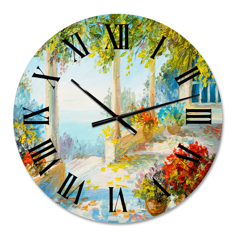 Terrasse près de la mer avec des fleurs rouges - horloge murale nautique et côtière, Petit