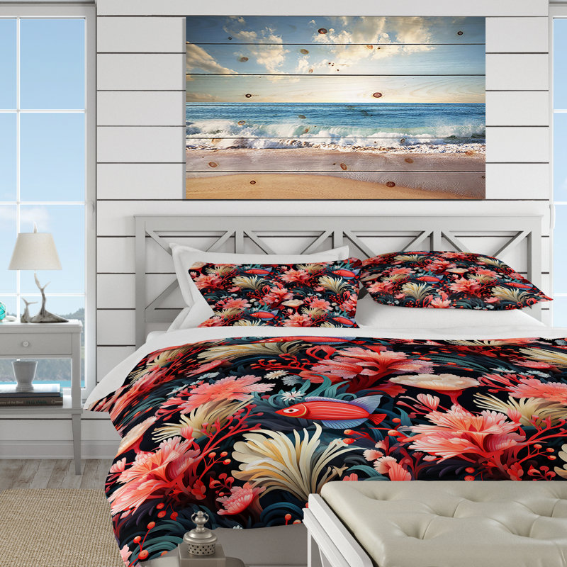 Ensemble de housse de couette Vibrant Coral Haven Coastal, Housse de couette pour grand lit et 2 taies décor