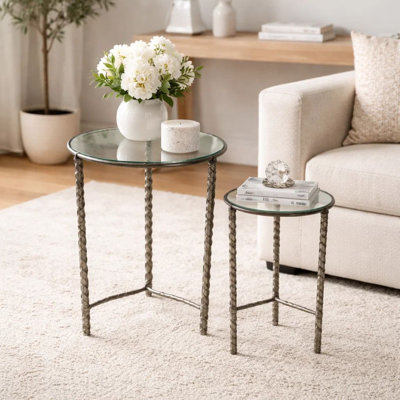 2Pc End Table Set, Round Glass Top, Forged Antique Silver Finish