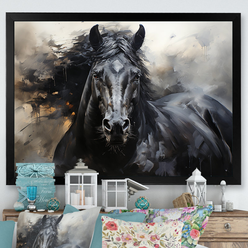 Étalon noir en mouvement - reproductions encadrées de chevaux, H 24 po x l 32 po x P 1 po, Cadre simple noir