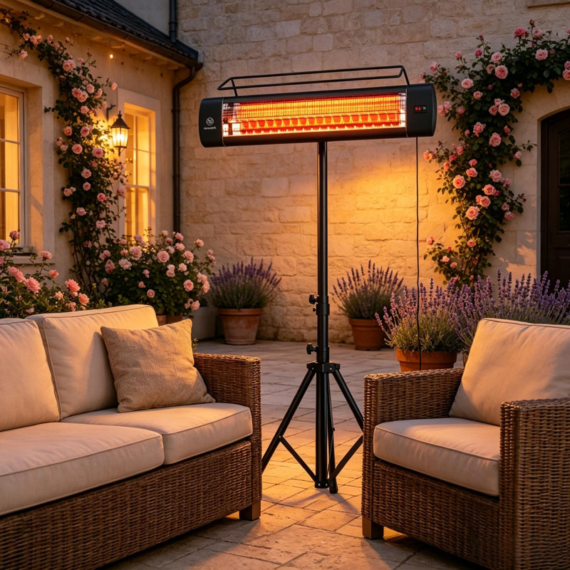 Chauffage de terrasse électrique sur pied 1500 W, étanche IP65, infrarouge, avec trépied, 3 niveaux de chaleur et minuterie de 24 heures. Couleur : noir.
