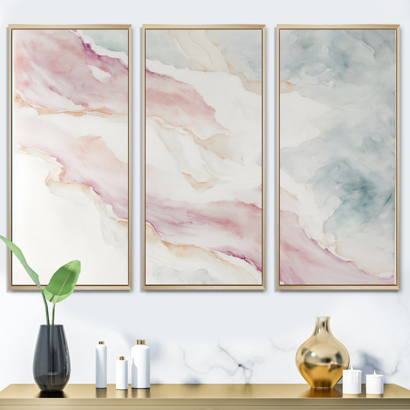 Mystery of the Waves In Elevated Blush II - ensemble d'art mural abstrait à l'encre liquide, H 28 po x l 36 po x P 1 po