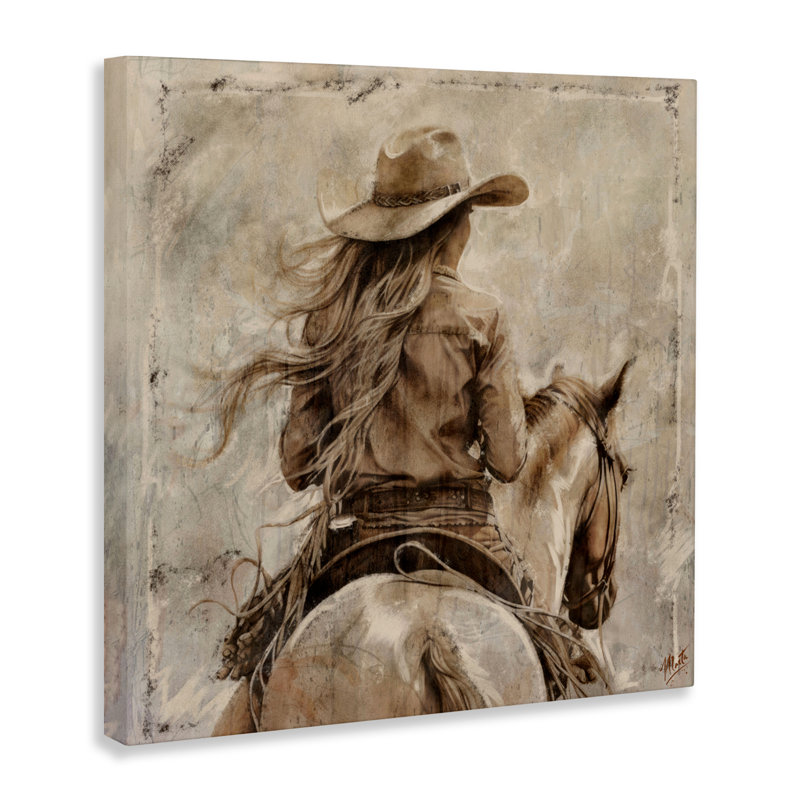 «Windblown Cowgirl on Horseback Canvas», conception par Marta Wiley, H 30 po x l 30 po