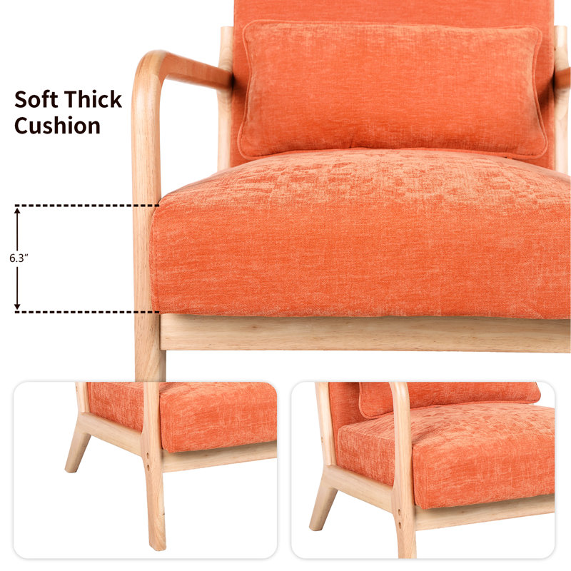 Fauteuil orange de style moderne du milieu du siècle, structure en bois d'hévéa, coussin lombaire amovible, idéal pour le salon, la chambre ou le bureau - Confortable et facile à monter