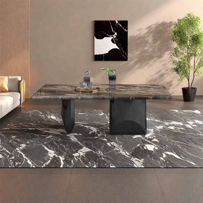 Table basse rectangulaire en marbre clair, H 15,4 po x L 55,1 po x l 31,5 po, Gris / Noir