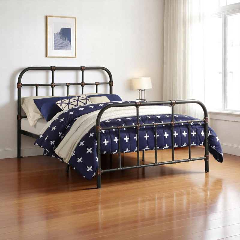 Annabelle Platform Bed Vintage Open Frame, Industrial Pipe Cast with Copper Handbrush Accent, Full/Double