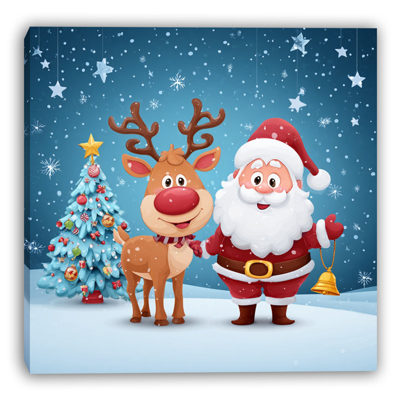 Toile enneigée père Noël et renne, H 20 po x l 20 po
