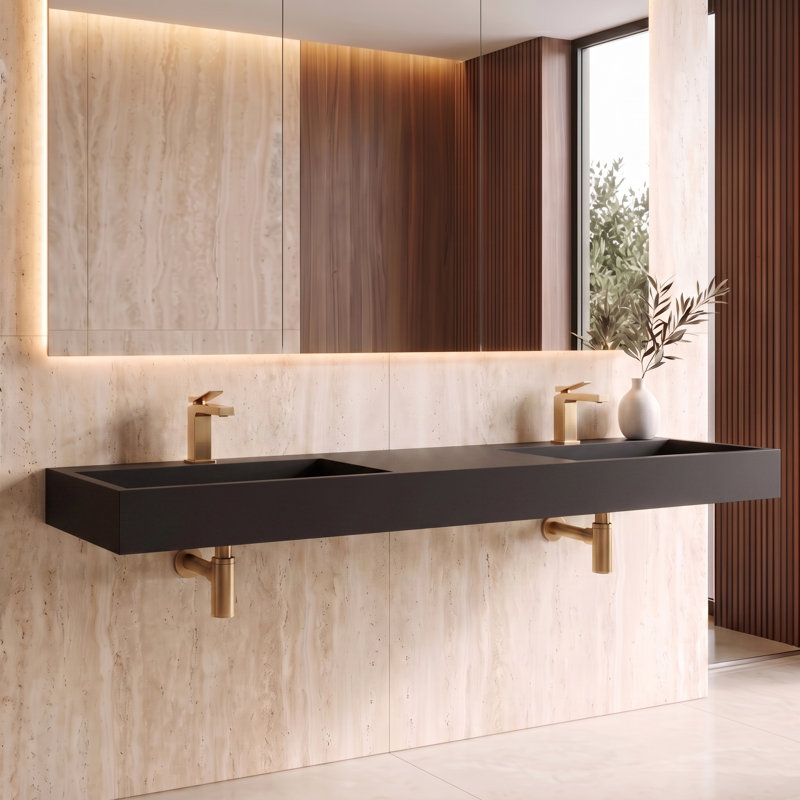 Lavabo de salle de bain mural à surface flottante avec drain dissimulé 72 po Juniper - Noir, Noir, Lit double