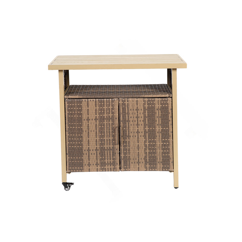 Durable Outdoor Wicker Bar Cart With Wheels, Glass Top, And Spacious Storage For Patio, Garden, And Poolside Gatherings