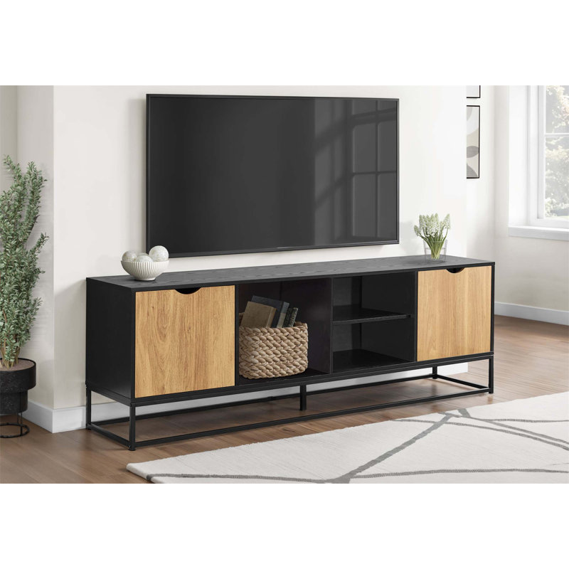 Meuble télé 72 po avec rangement, stratifié bicolore et pieds en métal Modern
