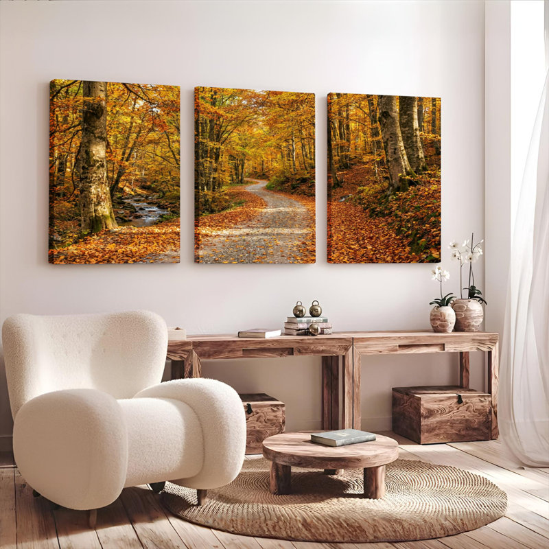 Ensemble de 3 tableaux sur toile tendue représentant un chemin forestier d'automne, 2030