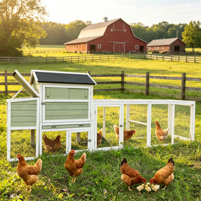 Poulailler 114 po en bois avec ruisseau, grand poulailler extérieur avec nichoir pour 2 à 6 poules, cages extérieures pour petits animaux (vert + blanc)