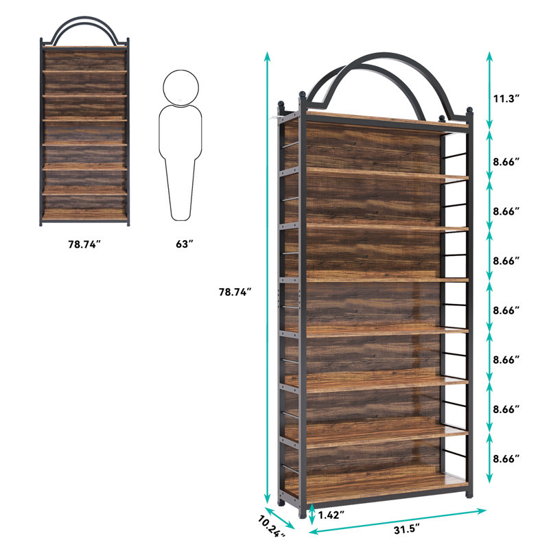  8-tier Cd Storage Racks,cds Dvds Game Video Media Organizer Cabinet With 7 Shelves,78.7" Arched-top Industrial Tall Bookshelf Display Bookcase 