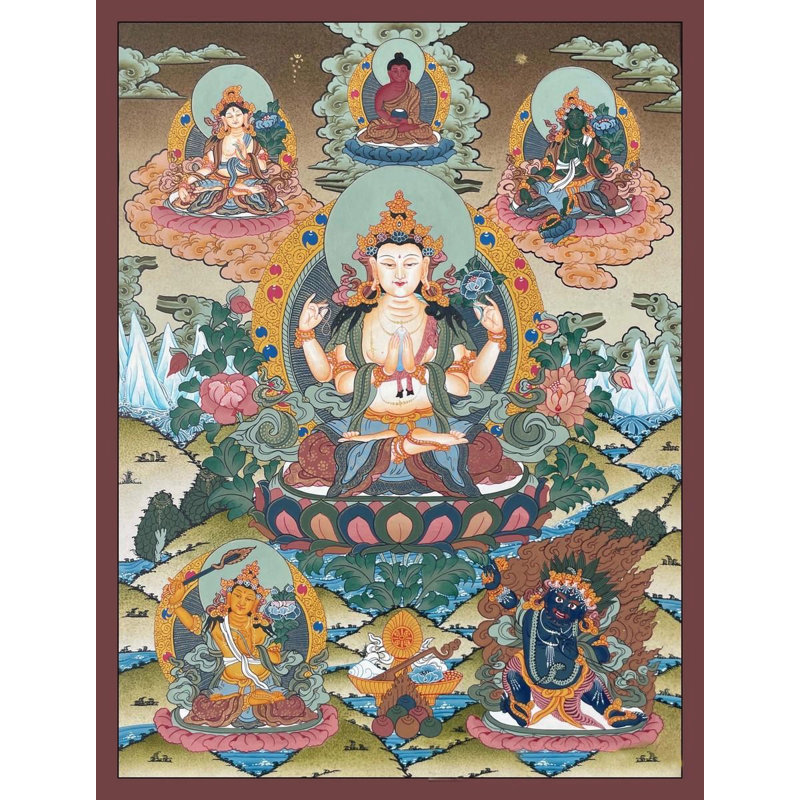 Chengrezig - Dieu et déesse (sans brocart) | Or 24 carats, gouache et acrylique sur toile de coton