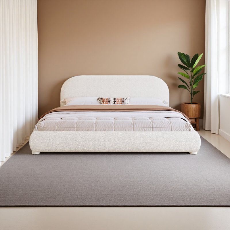Lit tapissier en tissu, lit double simple pour chambre moderne, Crème, crème, Très grand lit