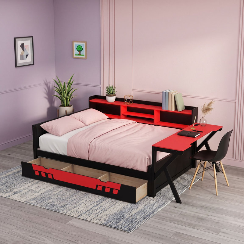 Lit de jour en bois avec bureau, tiroirs de rangement et éclairage DEL, Full, Black Red