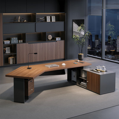 86.61"Luxury high end brown and black special shaped executive desk with tea table