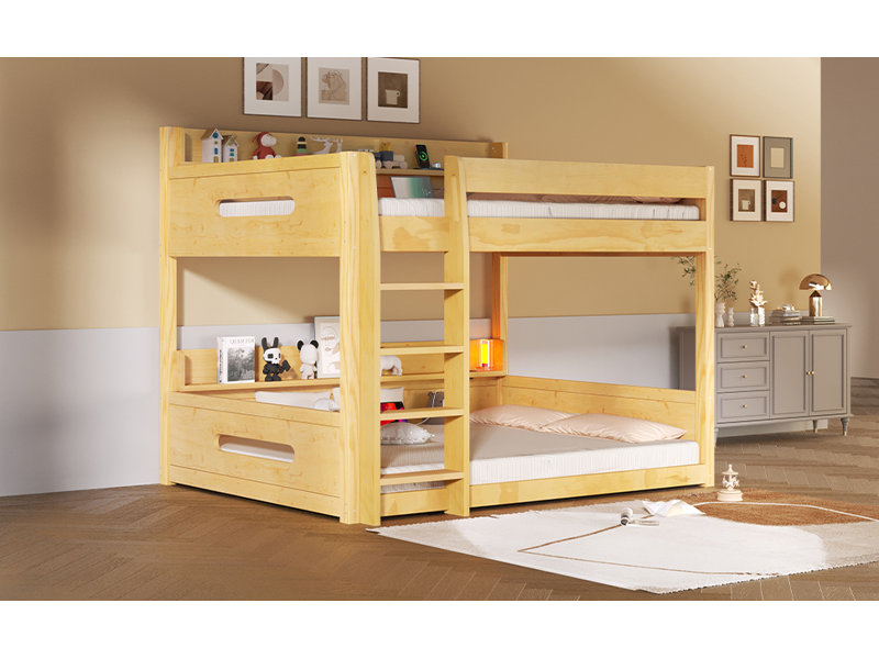 Lit superposé grand sur grand avec tablettes de rangement et ports USB, couleur bois, Bois