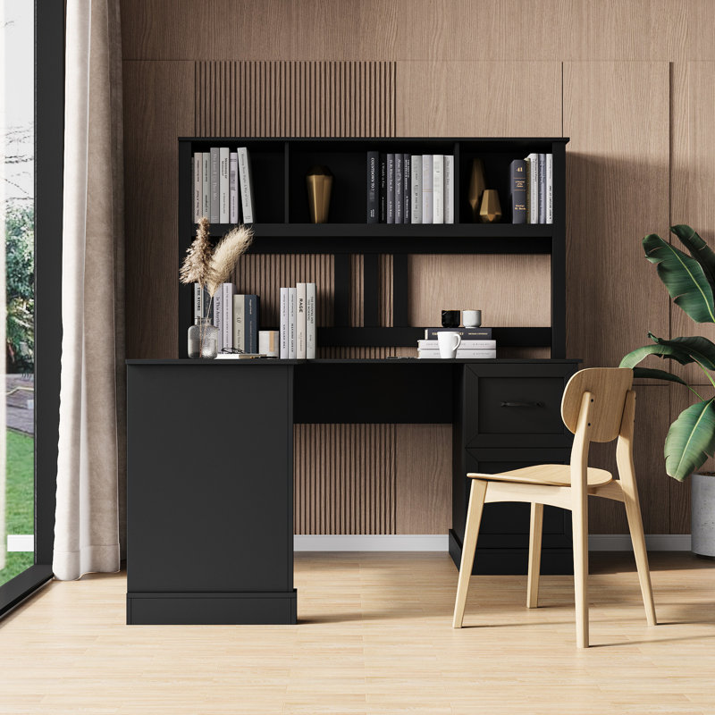 Home Office Computer Desk With Black Antiqued , 2 Open Shelf, 2 Large Drawers, Sufficient Storage, Scratch- Look,, Black