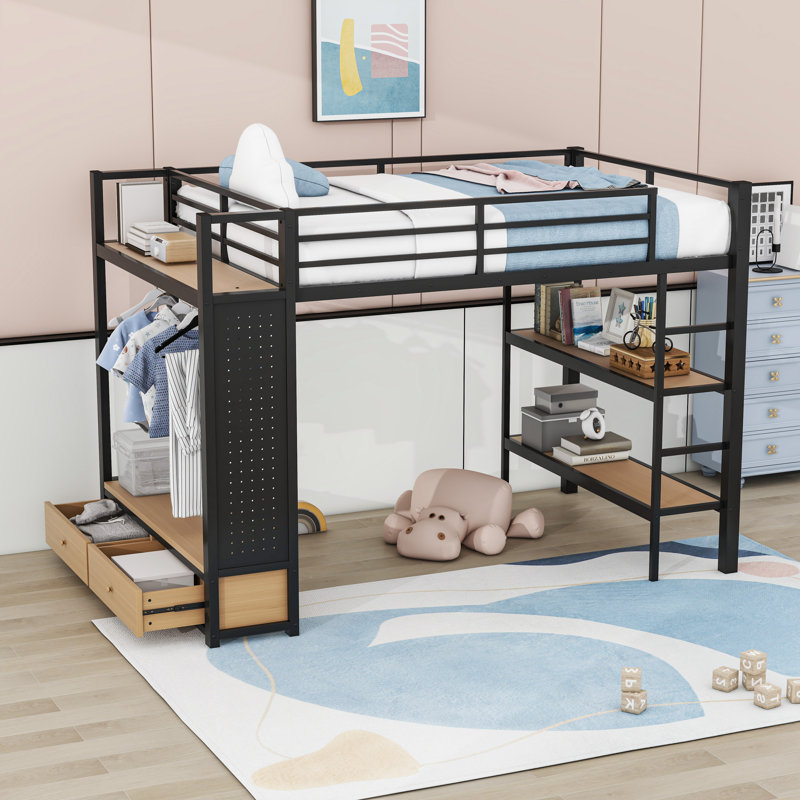 Lit mezzanine avec garde-robe, tablettes de rangement et panneau perforé, Double
