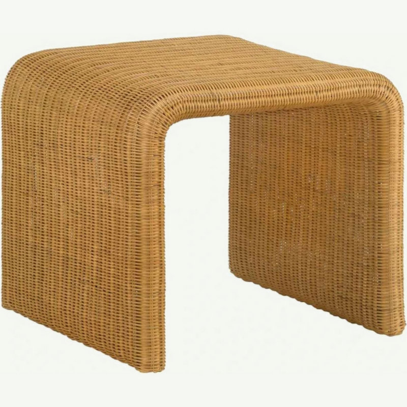 22 Inch Side End Table, Woven Rattan Frame, Waterfall Edges, Square Surface