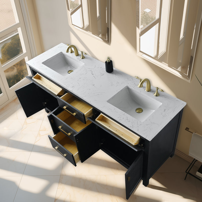 Meuble-lavabo double 72 po avec plateau en pierre Marquist, Noir
